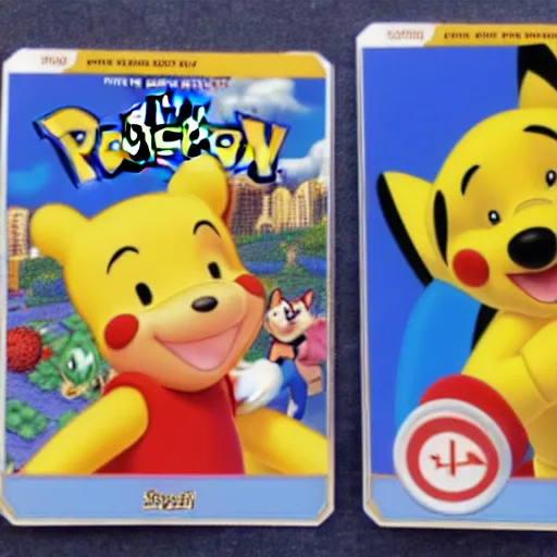 Image similar to photograph of winnie the pooh and super mario and sonic the hedgehog anime style, on pokemon card packs at target