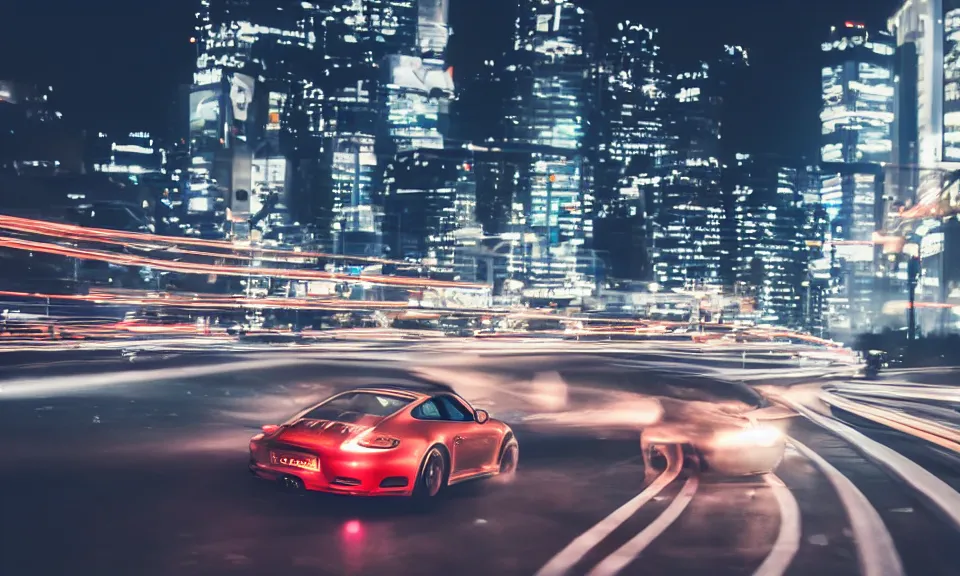 Image similar to photo of a porsche 911 at night drifting through a city, cinematic, 4k, long exposure photography, tokyo drift, fast and furious, film still, night photography, motion blur, lens flare, movie shot, light trail, distortion, wide angle, reflections