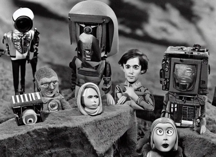 Image similar to a scene from a 1 9 7 0 s british kids tv programme by the bbc and gerry anderson, supermarionation, vhs distortion, folk horror, hauntology