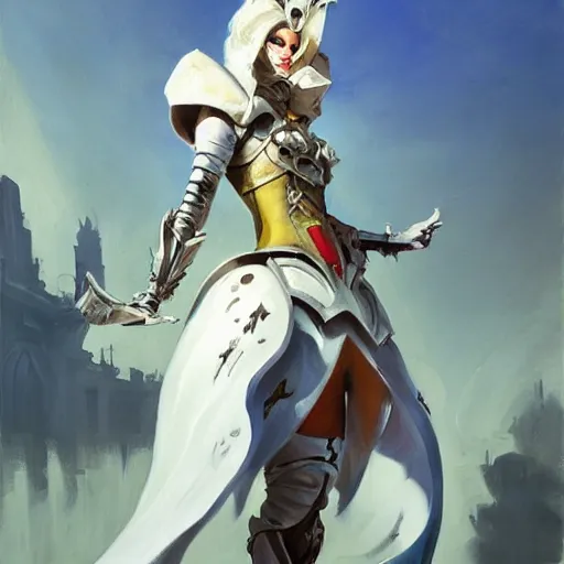 Image similar to greg manchess portrait painting of armored white queen from alice in wonderland as overwatch character, medium shot, asymmetrical, profile picture, organic painting, sunny day, matte painting, bold shapes, hard edges, street art, trending on artstation, by huang guangjian, gil elvgren, ruan jia, randy vargas, greg rutkowski