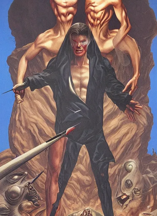 Image similar to twin peaks poster art, david bowie fighting his doppelganger gemini good and evil fantasy by, wayne barlowe, boris vallejo, aaron horkey, old retro pulp, by michael whelan, rossetti bouguereau, artgerm, nostalgic, old fashioned