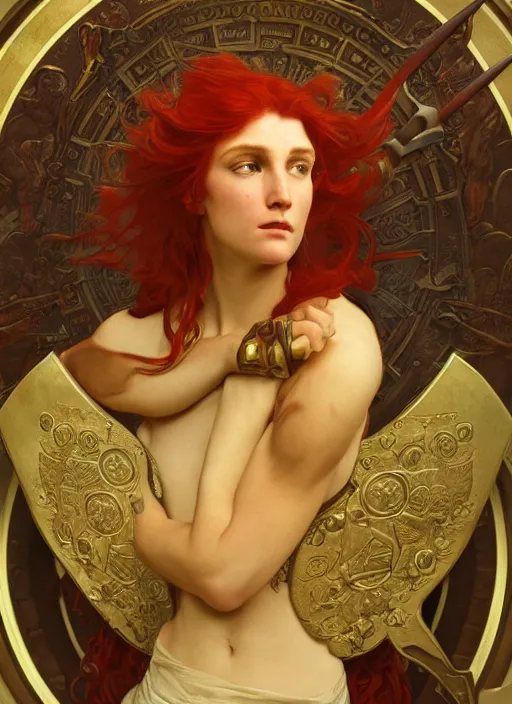 Prompt: face matte portrait of a beautiful red haired valkyrie in a heroic pose and wearing thick bronze plate armo art by albert bierstadt, alphonse mucha, andreas rocha, greg rutkowski, sharp edges. ultra clear detailed. 8 k. elegant. octane render