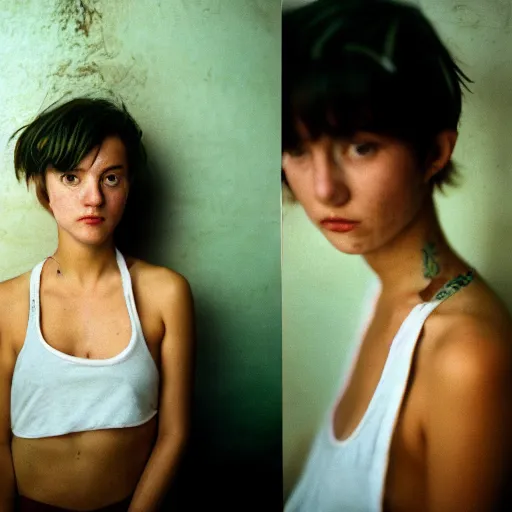 Prompt: cottagecore cyberpunk portrait photograph of a cute young woman, short hair, naturist, natural, tank top, Cinestill 800T