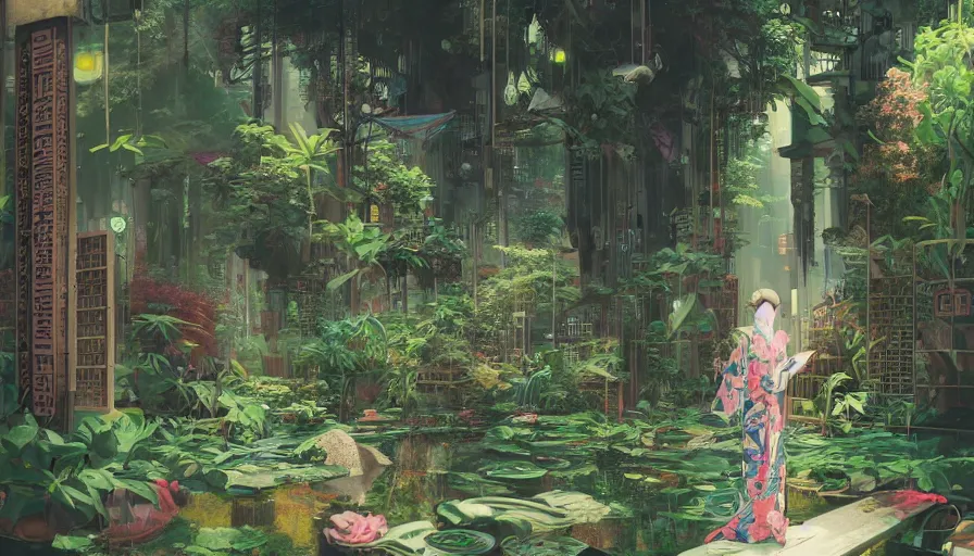 Image similar to a digital painting of a woman exploring a japanese temple, lush plants, eco - cyberpunk art by james jean, cgsociety, retrofuturism, anime aesthetic, chromatic, iridescent