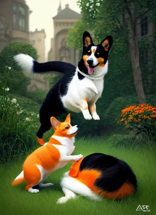 Image similar to an orange corgi playing with a tuxedo cat, ultra definition, photoreal, artstation, unreal engine rendered, concept art, smooth, sharp focus, illustration, art by artgerm and greg rutkowski and alphonse mucha and garis edelweiss