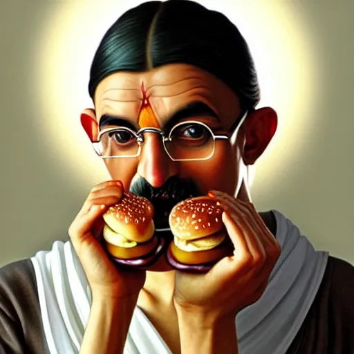 Prompt: portrait of Gandhi eating big mac hamburgers, extra onions and ketchup, luscious patty with sesame seeds, ethereal, handsome, D&D, fantasy, intricate, elegant, highly detailed, digital painting, artstation, concept art, matte, sharp focus, illustration, art by Artgerm and Greg Rutkowski and Alphonse Mucha