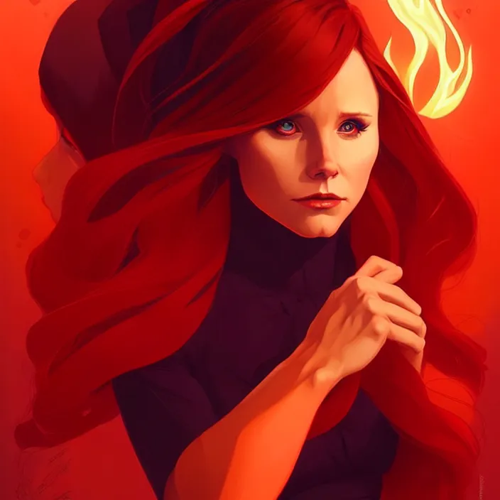 Image similar to style artgerm, joshua middleton, beautiful kristen bell with dark red dress, very long orange hair, symmetrical face, symmetrical eyes, fire powers fire swirling, detailed, volcano setting, cinematic lighting