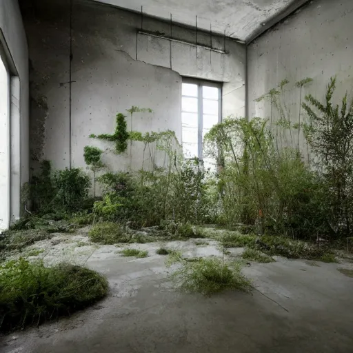 Image similar to an abandoned room in a concrete building, modern avant - garde, few overgrown plants, dreamy, overcast, by hans bellmer
