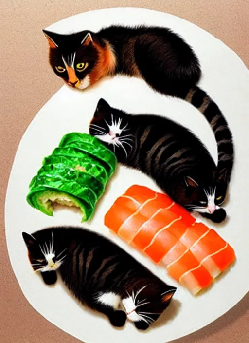 Image similar to clear photorealistic picture of adorable cats made out of sushi