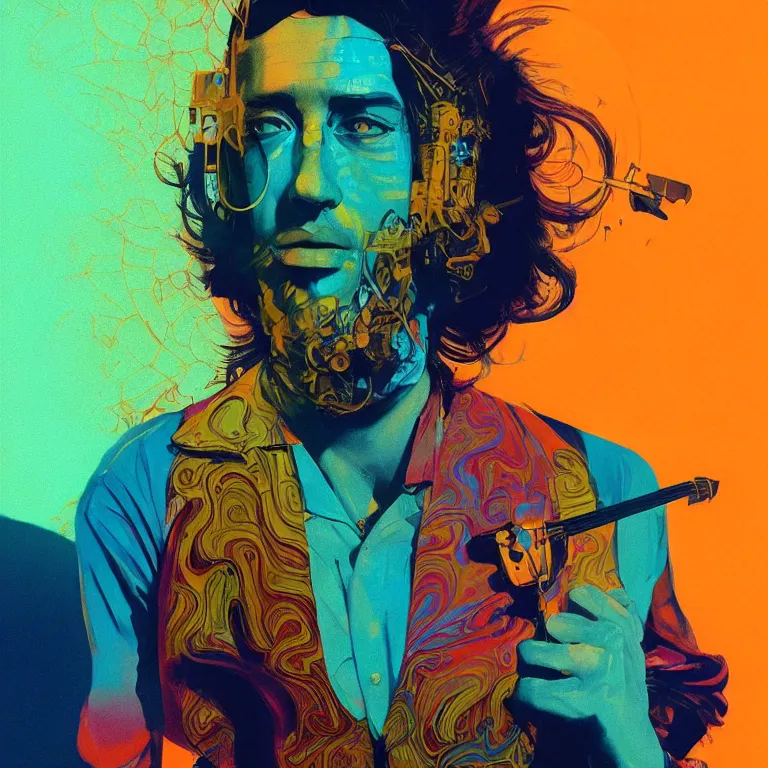 Image similar to duotone trippy 1 9 6 0 s lsd concept illustration portrait of a hippy rock musician. cinematic scene. volumetric lighting. golden ratio accidental renaissance. by sachin teng and sergey kolesov and ruan jia and heng z. graffiti art, scifi, fantasy, hyper detailed. octane render. concept art. trending on artstation.