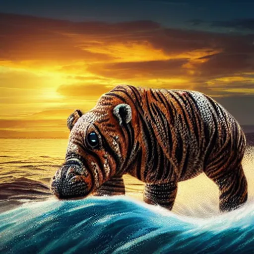 Image similar to a closeup photorealistic photograph of a cute smiling knitted tiger hippopotamus riding an epic wave at sunset. surf in the background. professional capture. brightly lit scene. this 4 k hd image is trending on artstation, featured on behance, well - rendered, extra crisp, features intricate detail, epic composition and the style of unreal engine.