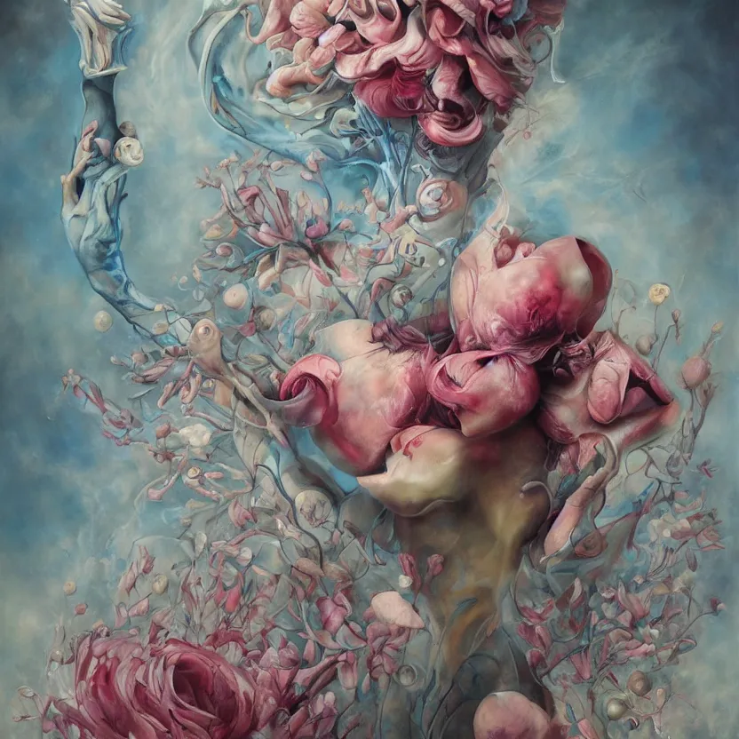 Image similar to a biomorphic painting of a vase with flowers and eyeballs in it, a surrealist painting by Marco Mazzoni, by Peter Mohrbacher, by Dorothea Tanning, pastel blues and pinks, featured on artstation, metaphysical painting, oil on canvas, fluid acrylic pour art, airbrush art,