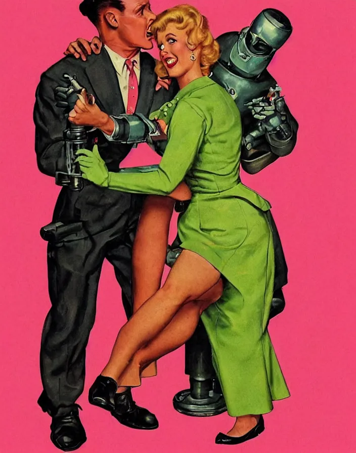 Prompt: a female housewife!!!! being hugged by a manly metal robot!!!! in a suit!!!, 1 9 5 0 s horror film movie poster style, ( norman rockwell oil painting ), close - up shot, tight shot, retro science fiction, vintage, saturated pink and green lighting, shadowy lighting