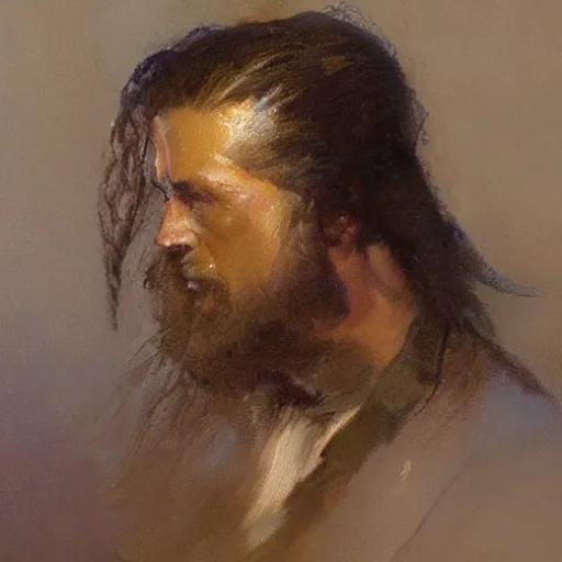 Image similar to a man with a pony tail haircut, painting by Gaston Bussiere, Craig Mullins