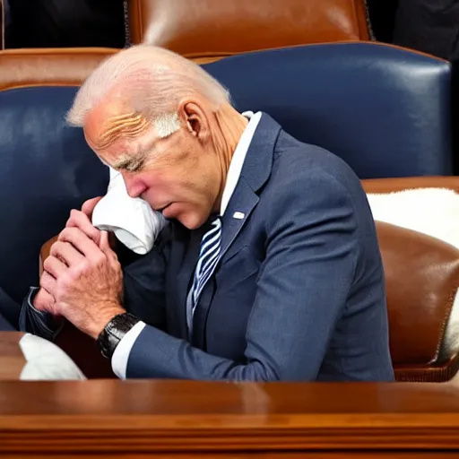 Prompt: joe biden sleeping on a bench in congress with his head on a white pillow sucking on a pacifier