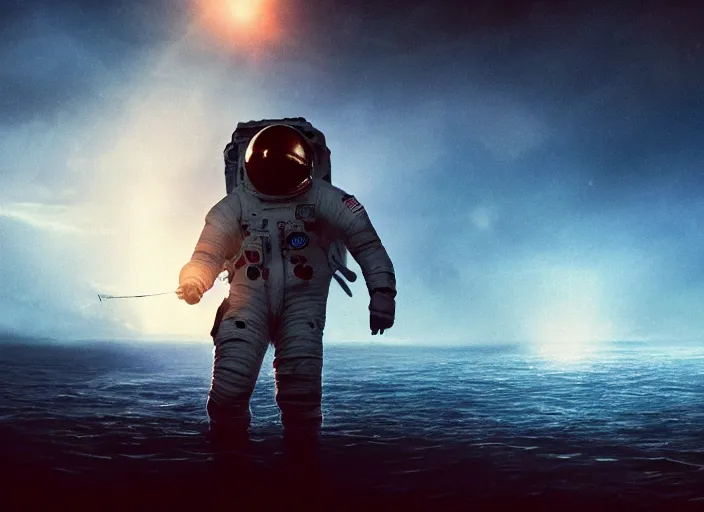 Image similar to astronaut holding a flag in an underwater desert. a submarine is visible in the distance. dark, concept art, cinematic, dramatic, atmospheric, 8 k, trending on artstation, blue, fish, low visibility, fog, ocean floor, christopher nolan, interstellar