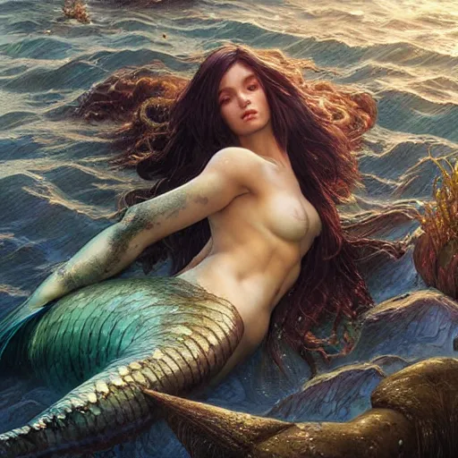 Prompt: a sad mermaid covered in an oil spill, ultra realistic, concept art, intricate details, highly detailed, photorealistic, octane render, 8 k, unreal engine. art by artgerm and greg rutkowski and magali villeneuve and alphonse mucha