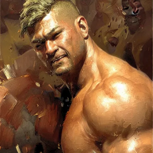 Image similar to Gladiator, muscular, asian, handsome, detailed face, correct face, painting by Gaston Bussiere, Craig Mullins