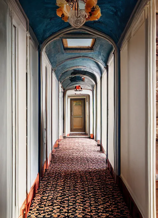 Image similar to photograph of a hallway in the style of wes anderson, architecture magazine, dezeen, 5 0 mm, pentax, film