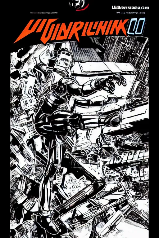 Prompt: ultron doing a high kick, a page from cyberpunk 2 0 2 0, style of paolo parente, style of mike jackson, adam smasher, johnny silverhand, 1 9 9 0 s comic book style, white background, ink drawing, black and white, colouring pages