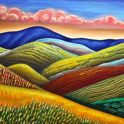 Image similar to rolling hills, appalachian folk art, mixed media, 3 d, detailed, award winning