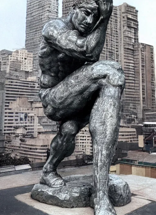 Image similar to giant the thinker statue in the blade runner ( 1 9 8 2 ) city