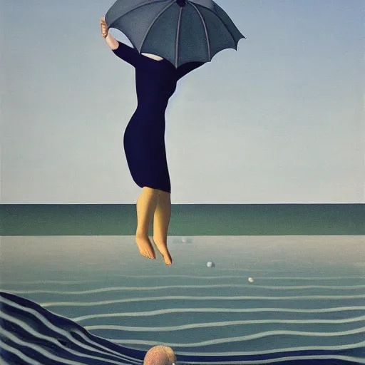 Prompt: A woman and a man jump in the water, a painting by magritte, high detail, 4K, trending on artstation