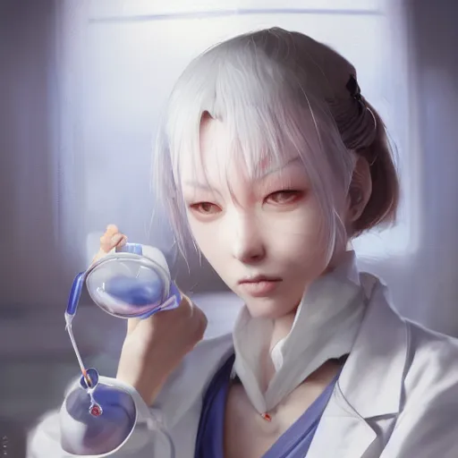 Prompt: art of a neko woman wearing a labcoat in a chemistry lab, glassware on table, detailed digital artwork, beautiful face, by yoshitaka amano, by greg rutkowski, by sora kim, trending on artstation, expressive painting, beautiful lighting, octane render, 4 k