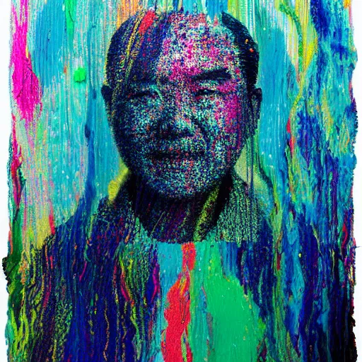 Prompt: a portrait of byron li composed of flecks of paint lush & immense density long strands of drips in all directions splatters of mixed pigments with solid color inside.