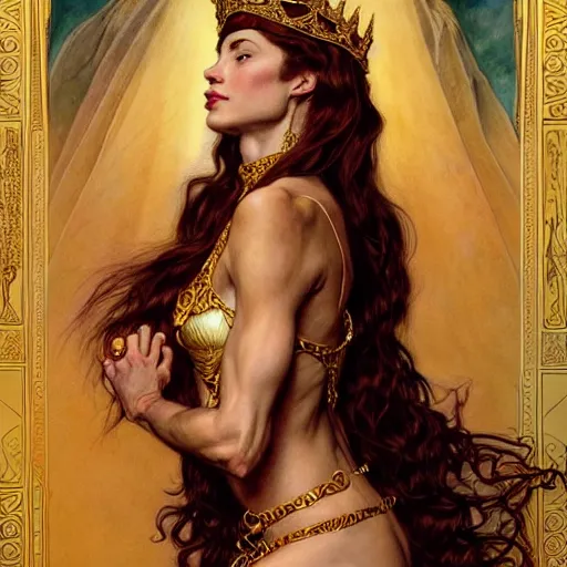 Image similar to highly detailed portrait of a majestic lioness queen in the form of a beautiful woman. d & d. art by eugene delacroix and donato giancola and anna dittmann and, arthur adams, alberto vargas. trending on artstation, intricate details, energetic composition, golden ratio, concept art, illustration, elegant art, global illuminaition