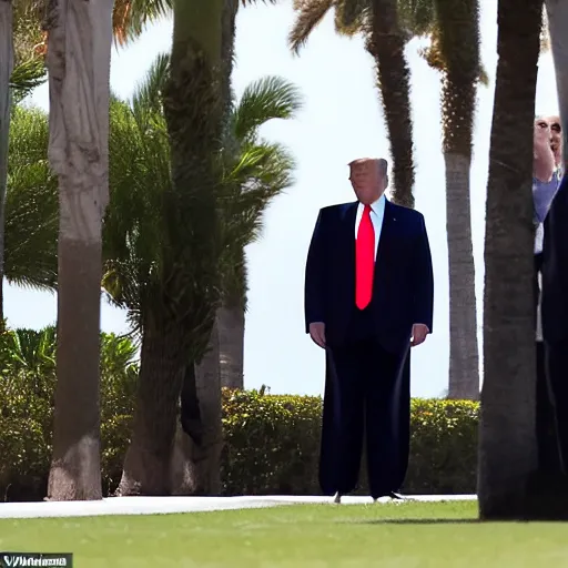 Prompt: Donald Trump appears as an arrested senior man at Mar-a-Lago, taken away by FBI, photo, press, high quality