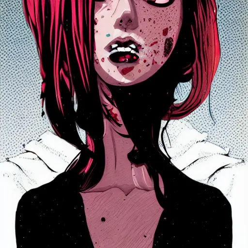 Prompt: Highly detailed portrait of pretty punk zombie young lady with, freckles and beautiful hair by Atey Ghailan, by Loish, by Bryan Lee O'Malley, by Cliff Chiang, inspired by image comics, inspired by graphic novel cover art, inspired by izombie, inspired by scott pilgrim !! Gradient red, black and white color scheme ((grafitti tag brick wall background)), trending on artstation