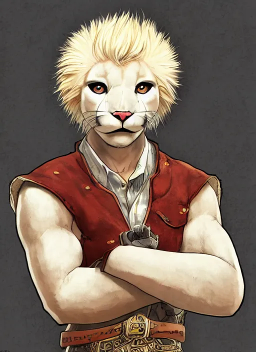 Image similar to character portrait of a anthro! albino mountain lion wearing miner's clothes. hidari, color page, tankoban, 4K, tone mapping, Akihiko Yoshida.