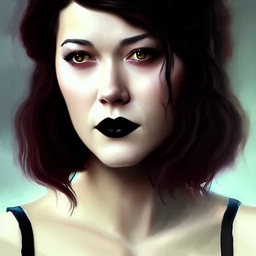 Image similar to a portrait digital painting of mary elizabeth winstead. a gothic background. painted by artgerm, ross tran.