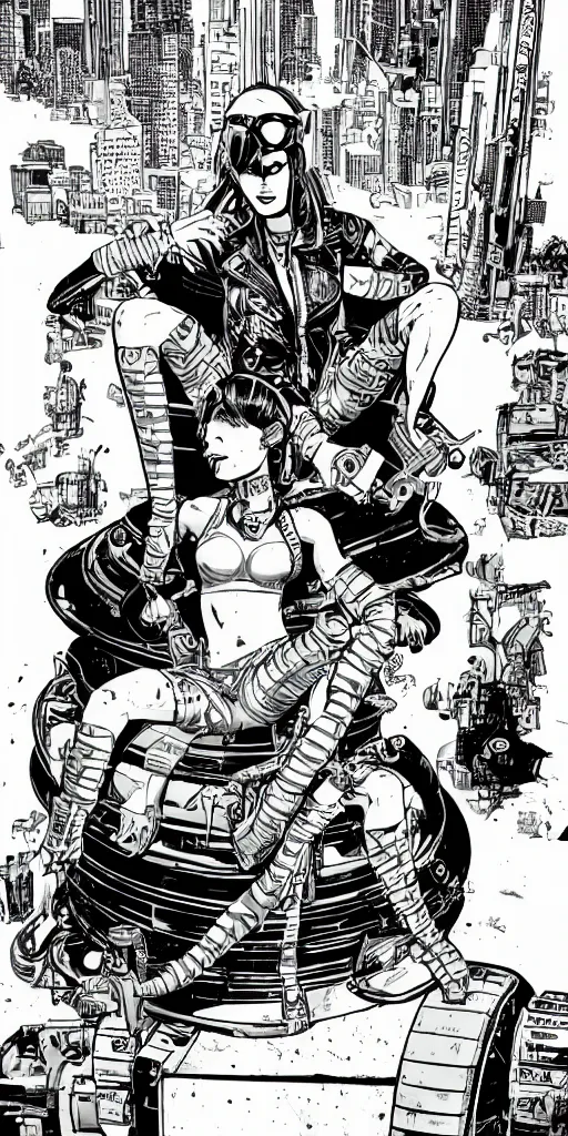 Image similar to single tank girl sitting on top of the tank. comic book style. illustration. marvel. print. high details.