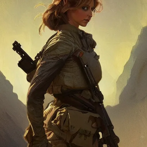 Image similar to sarah gellar as a soldier, gorgeous, amazing, smooth, intricate, highly detailed, digital painting, artstation, concept art, sharp focus, illustration, art by greg rutkowski and alphonse mucha and even amundsen