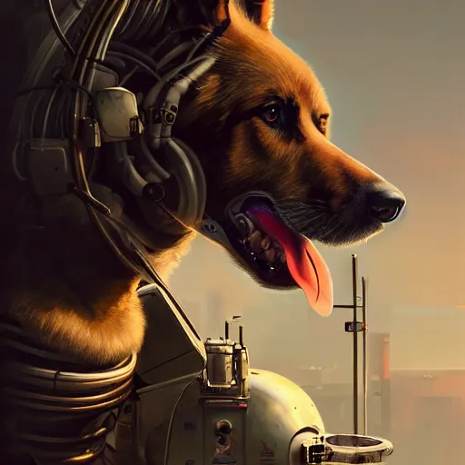 Prompt: studio portrait of furry anthro anthropomorphic german shepard head animal person fursona exposed machinery extremely detailed robot human android body cybernetic cyberpunk digital art by Greg Rutkowski, Simon Stalenhag, trending on Artstation, CGSociety