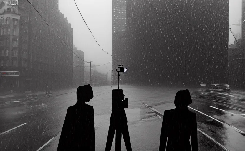 Prompt: cinestill selfie with iphone and mechanical monstrosity, hyperdetailed, by vivian maier,, pouring rain menacing lights shadows, 8 k, hd, high resolution, 3 5 mm, f / 3 2, ultra realistic faces, ex machina