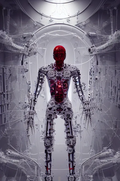 Image similar to space station interior white cross cross inflateble shapes, wires, tubes, veins, jellyfish, white biomechanical details a statue jesus on cross made of red marble hands nailed to a cross perfect symmetrical body full body shot, wearing epic bionic cyborg implants masterpiece, intricate, biopunk, vogue, highly detailed, artstation, concept art, cyberpunk, octane render