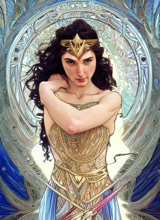 Prompt: Gal Gadot as God of Beauty, cute, fantasy, intricate, elegant, highly detailed, digital painting, 4k, HDR, concept art, smooth, sharp focus, illustration, art by alphonse mucha,artgerm, H R Giger