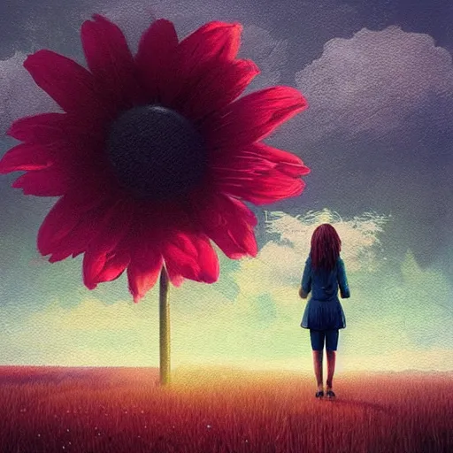 Image similar to giant daisy flower as a head, girl walking in field, surreal photography, moon light, dark night, dramatic, impressionist painting, clouds, digital painting, artstation, simon stalenhag