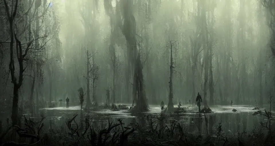 Image similar to A dense and dark enchanted forest with a swamp, by Greg Rutkowski