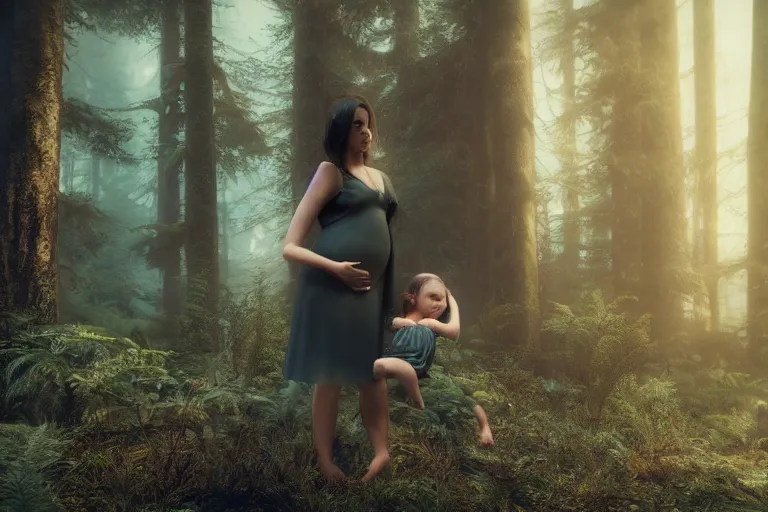 Prompt: a cinematic shot of a young woman with dark hair holds a baby in a dark, foggy forest, octane render, nvidia raytracing demo, closeup, masterpiece