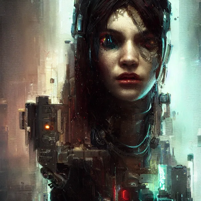 Image similar to female cyberpunk, beautiful face, rule of thirds, intricate outfit, spotlight, by greg rutkowski, by jeremy mann, digital painting