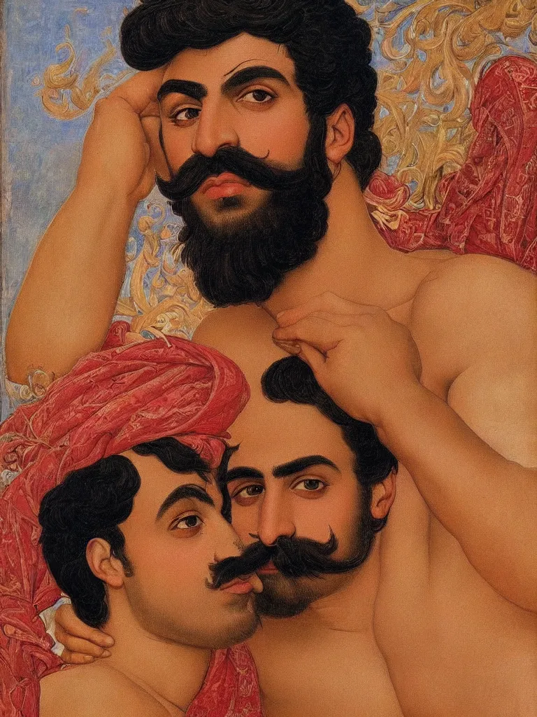 Image similar to close up portrait of a 20 years old muscular persian iranian wrestler handsome man flexing and posing with a mustache by victor Nizovtsev and Botticelli