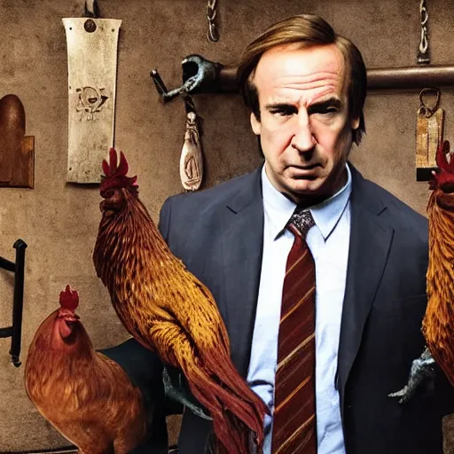 Prompt: saul goodman and a rooster in a medieval torture chamber, saw blades and knives in the background, horror movie, saul goodman!!!!, rooster!!!!, real life photo, detailed face!