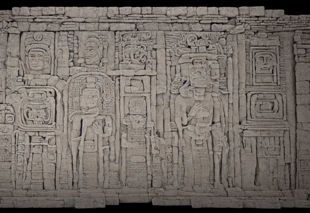 Image similar to a mayan temple interior with symmetric recogniseable giant face portrait of a mayan god-emperor in the center Carved in stone relief style behind an ancient altair of sacrafice. 3d render. Realistic. Well Detailed. Torch light. Omnious, intricate.