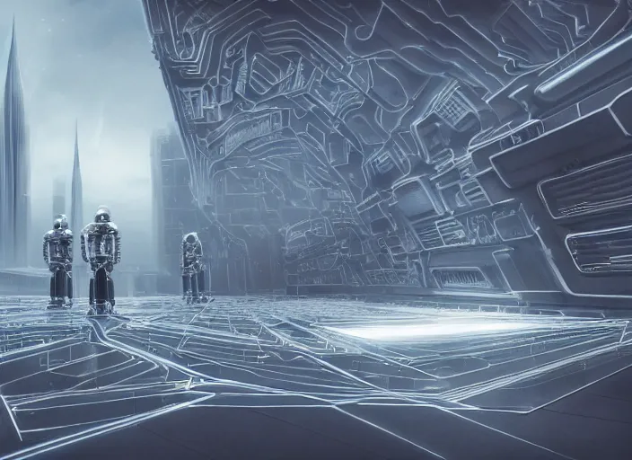 Image similar to cult of technology, exterior, scifi, temple, machines, robots, ultra realistic, transparent labs, metallic surface, highly detailed, white, futuristic landscape, city, utopian architecture, atmosphere, masterpiece, portals, epic lighting, glowing wires, mysterious, 4 k, cinematic, art by patryk olkiewicz and chris ostrowski and liang yao