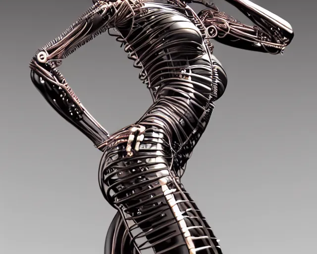 Image similar to beauty woman made of wires and tubes, very detailed, dramatic lighting, mechanical details, back facing, electrical details, high details, 4k, 8k, trending on artstation, by Hajime Sorayama and Boris Vallejo