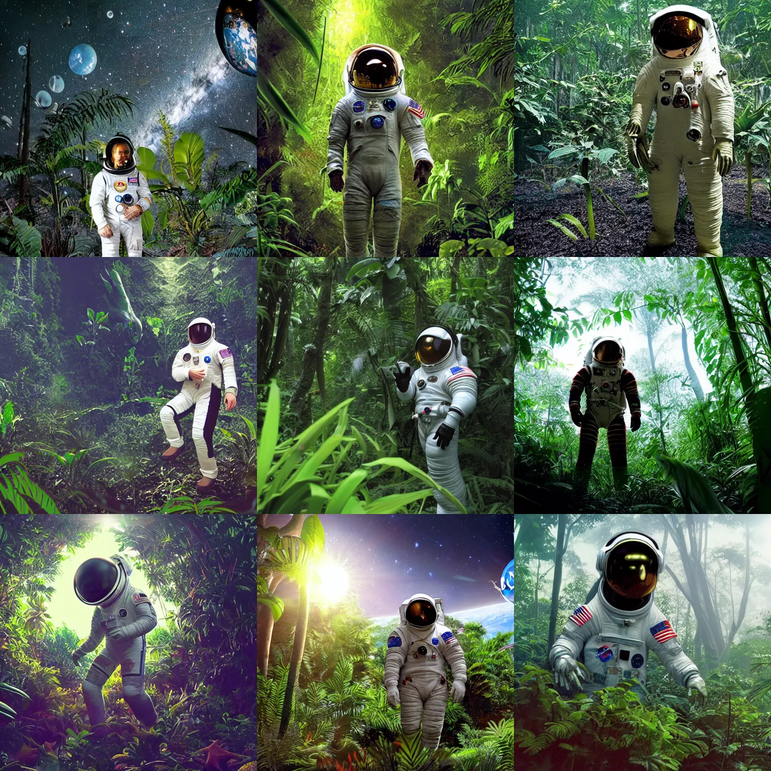 Prompt: a nasa astronaut on an alien jungle planet.